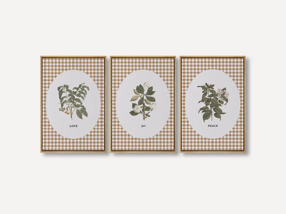Add a touch of farmhouse charm with this inspiring Christian wall art set. This collection of three framed botanical prints features a chic gingham background and the simple, profound message: LOVE for PEACE, bringing warmth and grace to your home.