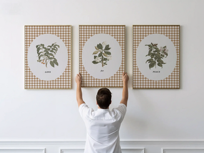 Add a touch of farmhouse charm with this inspiring Christian wall art set. This collection of three framed botanical prints features a chic gingham background and the simple, profound message: LOVE for PEACE, bringing warmth and grace to your home.