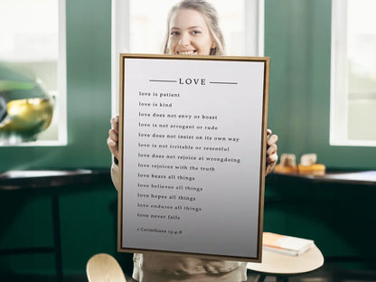 Anchor your home in Christ's definition of love with this inspiring Christian canvas wall art. This framed canvas print features the complete, profound text of 1 Corinthians 13:4-8, a perfect guide for relationships and faith.