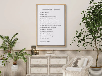 Anchor your home in Christ's definition of love with this inspiring Christian canvas wall art. This framed canvas print features the complete, profound text of 1 Corinthians 13:4-8, a perfect guide for relationships and faith.