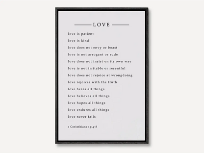 Anchor your home in Christ's definition of love with this inspiring Christian canvas wall art. This framed canvas print features the complete, profound text of 1 Corinthians 13:4-8, a perfect guide for relationships and faith.