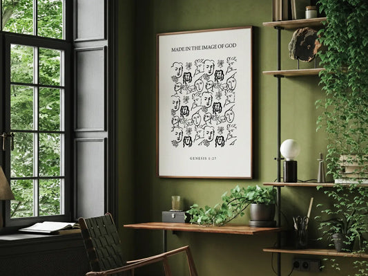 Celebrate the profound value of every person with this inspiring Christian canvas wall art. This framed canvas print features a modern, abstract portrait illustration and the foundational truth from Genesis 1:27: "Made in the Image of God."