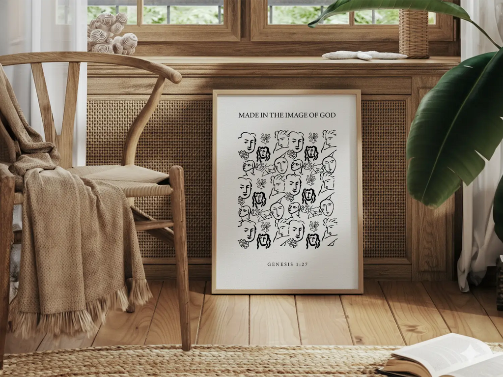 Celebrate the profound value of every person with this inspiring Christian canvas wall art. This framed canvas print features a modern, abstract portrait illustration and the foundational truth from Genesis 1:27: "Made in the Image of God."
