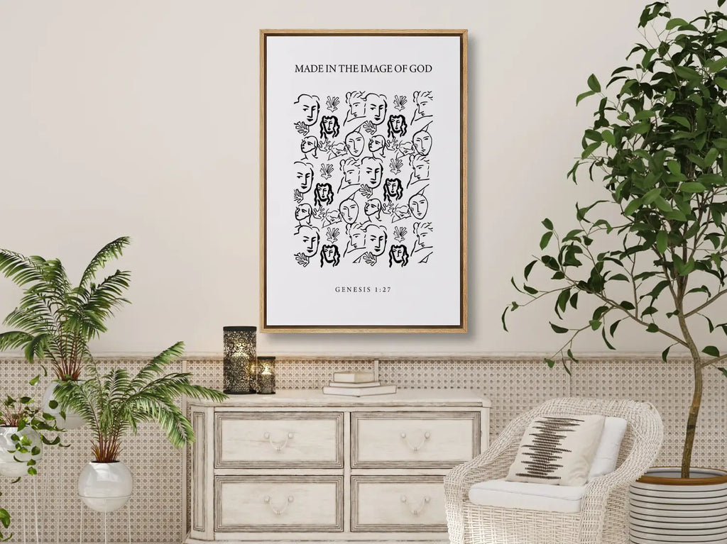 Celebrate the profound value of every person with this inspiring Christian canvas wall art. This framed canvas print features a modern, abstract portrait illustration and the foundational truth from Genesis 1:27: "Made in the Image of God."