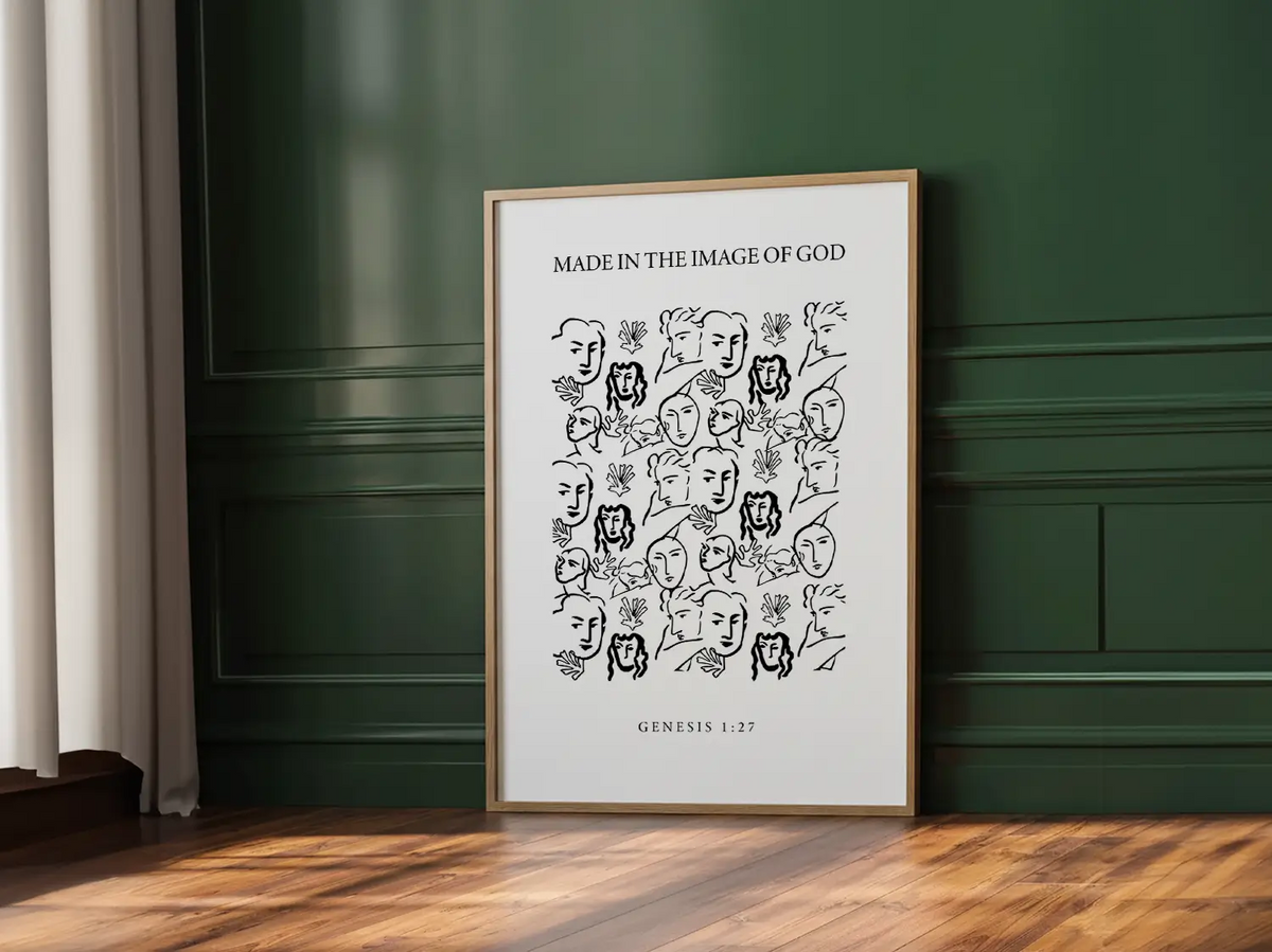 Celebrate the profound value of every person with this inspiring Christian canvas wall art. This framed canvas print features a modern, abstract portrait illustration and the foundational truth from Genesis 1:27: "Made in the Image of God."