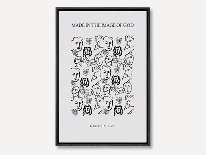 Celebrate the profound value of every person with this inspiring Christian canvas wall art. This framed canvas print features a modern, abstract portrait illustration and the foundational truth from Genesis 1:27: "Made in the Image of God."