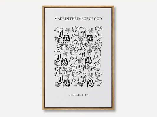 Celebrate the profound value of every person with this inspiring Christian canvas wall art. This framed canvas print features a modern, abstract portrait illustration and the foundational truth from Genesis 1:27: "Made in the Image of God."