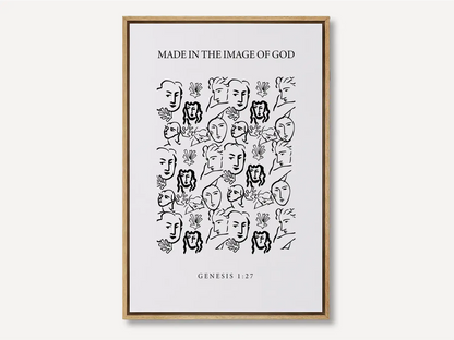 Celebrate the profound value of every person with this inspiring Christian canvas wall art. This framed canvas print features a modern, abstract portrait illustration and the foundational truth from Genesis 1:27: "Made in the Image of God."