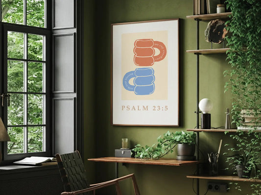 Celebrate abundant blessings with this inspiring Christian canvas wall art. This framed canvas print features a joyful, abstract design of stacked mugs and the comforting promise from Psalm 23:5 that your cup overflows.