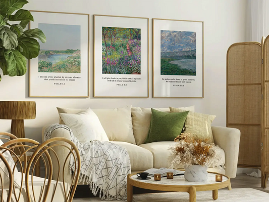 Bring the tranquil beauty of nature and faith into your home with this inspiring Christian wall art set. This collection of three framed scripture prints features lush, impressionist-style landscapes paired with comforting verses from the Psalms.