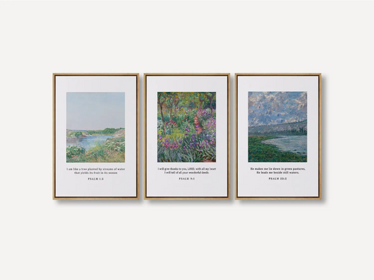 Bring the tranquil beauty of nature and faith into your home with this inspiring Christian wall art set. This collection of three framed scripture prints features lush, impressionist-style landscapes paired with comforting verses from the Psalms.