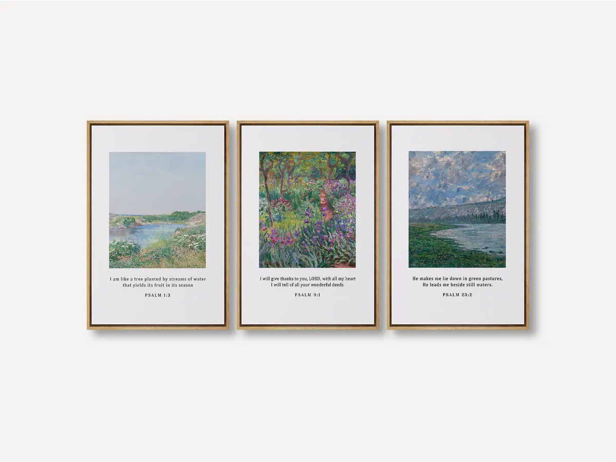 Bring the tranquil beauty of nature and faith into your home with this inspiring Christian wall art set. This collection of three framed scripture prints features lush, impressionist-style landscapes paired with comforting verses from the Psalms.