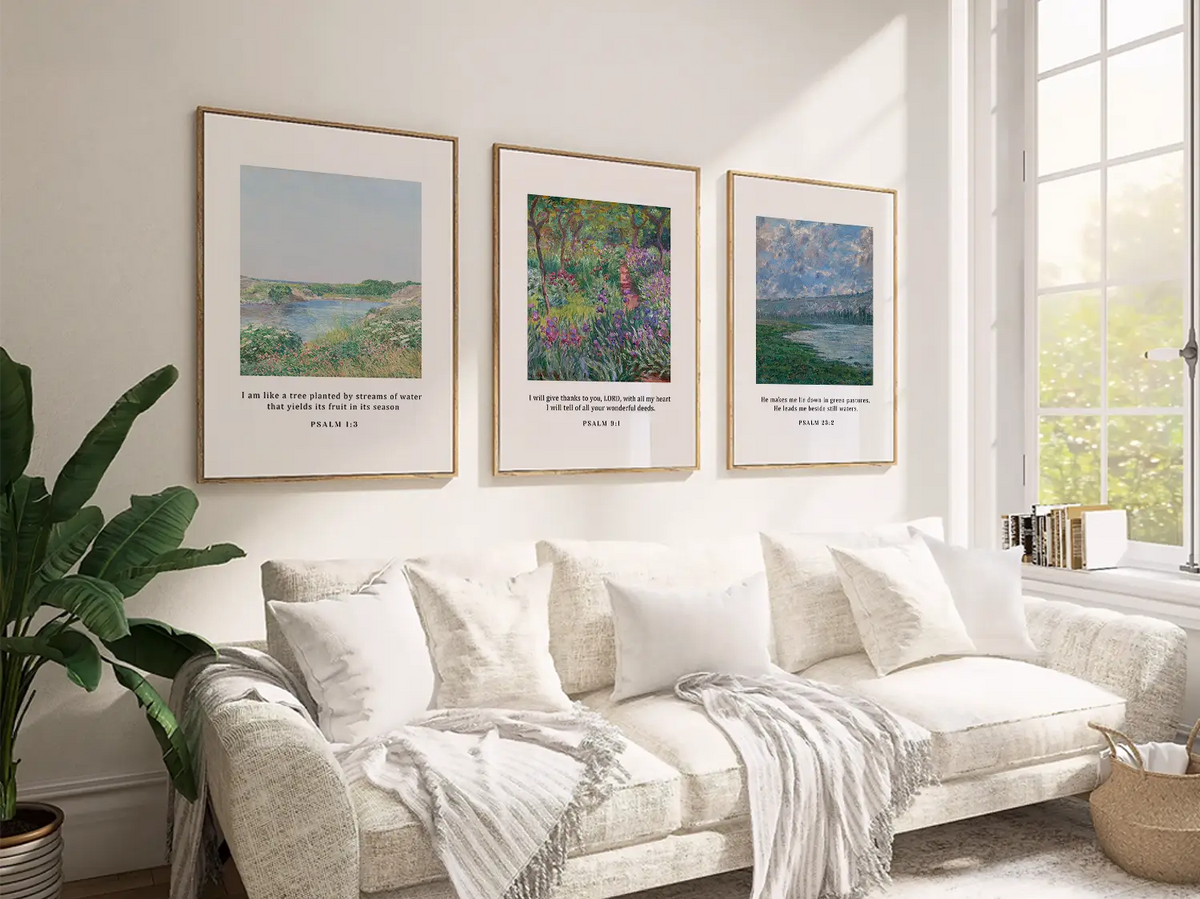 Bring the tranquil beauty of nature and faith into your home with this inspiring Christian wall art set. This collection of three framed scripture prints features lush, impressionist-style landscapes paired with comforting verses from the Psalms.