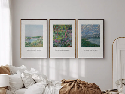 Bring the tranquil beauty of nature and faith into your home with this inspiring Christian wall art set. This collection of three framed scripture prints features lush, impressionist-style landscapes paired with comforting verses from the Psalms.