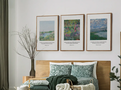 Bring the tranquil beauty of nature and faith into your home with this inspiring Christian wall art set. This collection of three framed scripture prints features lush, impressionist-style landscapes paired with comforting verses from the Psalms.