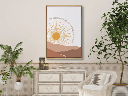 Start each day with hope and grace with this inspiring Christian canvas wall art. This framed canvas print features a bright, modern sunrise design with warm earth tones, highlighting the comforting promise from Lamentations 3:23 that His mercies are new every morning.