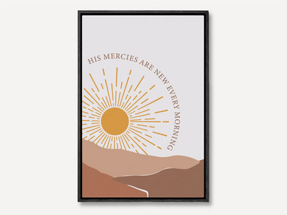 Start each day with hope and grace with this inspiring Christian canvas wall art. This framed canvas print features a bright, modern sunrise design with warm earth tones, highlighting the comforting promise from Lamentations 3:23 that His mercies are new every morning.