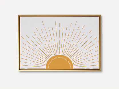 Start each day with hope and grace with this inspiring Christian canvas wall art. This framed canvas print features a bright, modern sunrise design and the comforting promise from Lamentations 3:23: "His mercies are new every morning."