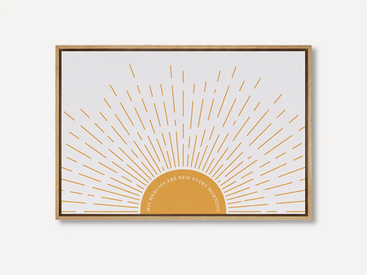 Start each day with hope and grace with this inspiring Christian canvas wall art. This framed canvas print features a bright, modern sunrise design and the comforting promise from Lamentations 3:23: "His mercies are new every morning."
