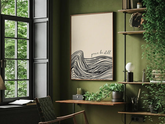 Find calm amidst the chaos with this inspiring Christian canvas wall art. This framed canvas print features a modern, abstract design of calming waves and the powerful command: “Peace be still.”