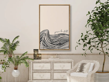 Find calm amidst the chaos with this inspiring Christian canvas wall art. This framed canvas print features a modern, abstract design of calming waves and the powerful command: “Peace be still.”