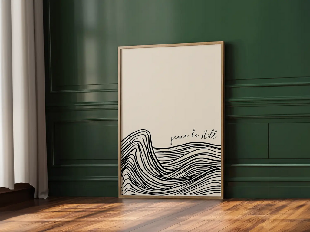 Find calm amidst the chaos with this inspiring Christian canvas wall art. This framed canvas print features a modern, abstract design of calming waves and the powerful command: “Peace be still.”