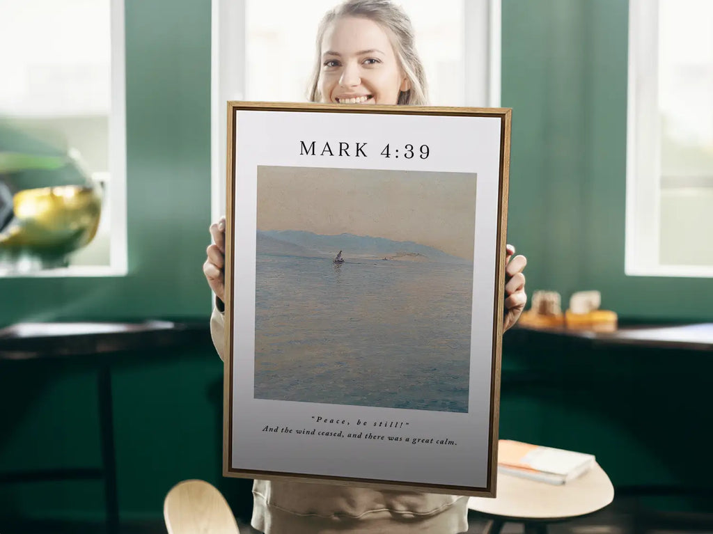 Invite the powerful peace of Christ into your home with this inspiring Christian canvas wall art. This framed canvas print features a calming seascape painting paired with the iconic command from Mark 4:39 that brought about a "great calm."