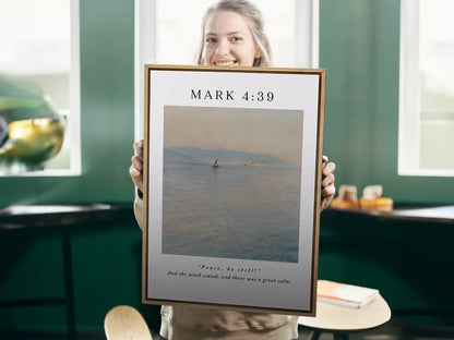 Invite the powerful peace of Christ into your home with this inspiring Christian canvas wall art. This framed canvas print features a calming seascape painting paired with the iconic command from Mark 4:39 that brought about a "great calm."