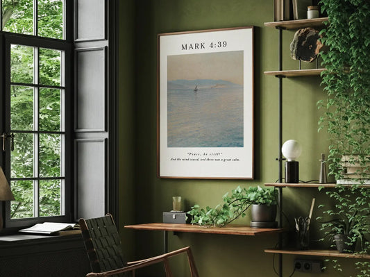 Invite the powerful peace of Christ into your home with this inspiring Christian canvas wall art. This framed canvas print features a calming seascape painting paired with the iconic command from Mark 4:39 that brought about a "great calm."