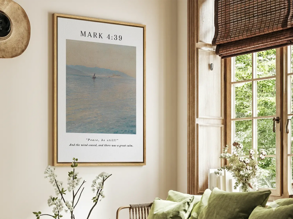 Peace Be Still Christian scripture canvas wall art displayed in a calm living room setting