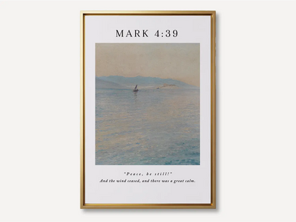 Invite the powerful peace of Christ into your home with this inspiring Christian canvas wall art. This framed canvas print features a calming seascape painting paired with the iconic command from Mark 4:39 that brought about a "great calm."