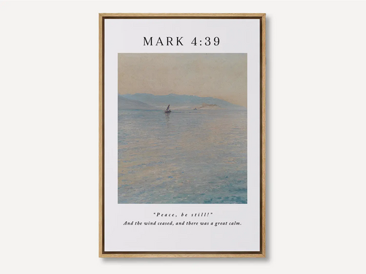 Invite the powerful peace of Christ into your home with this inspiring Christian canvas wall art. This framed canvas print features a calming seascape painting paired with the iconic command from Mark 4:39 that brought about a "great calm."