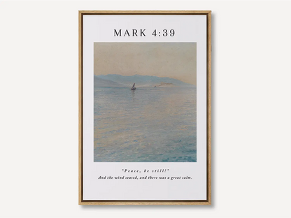 Invite the powerful peace of Christ into your home with this inspiring Christian canvas wall art. This framed canvas print features a calming seascape painting paired with the iconic command from Mark 4:39 that brought about a "great calm."