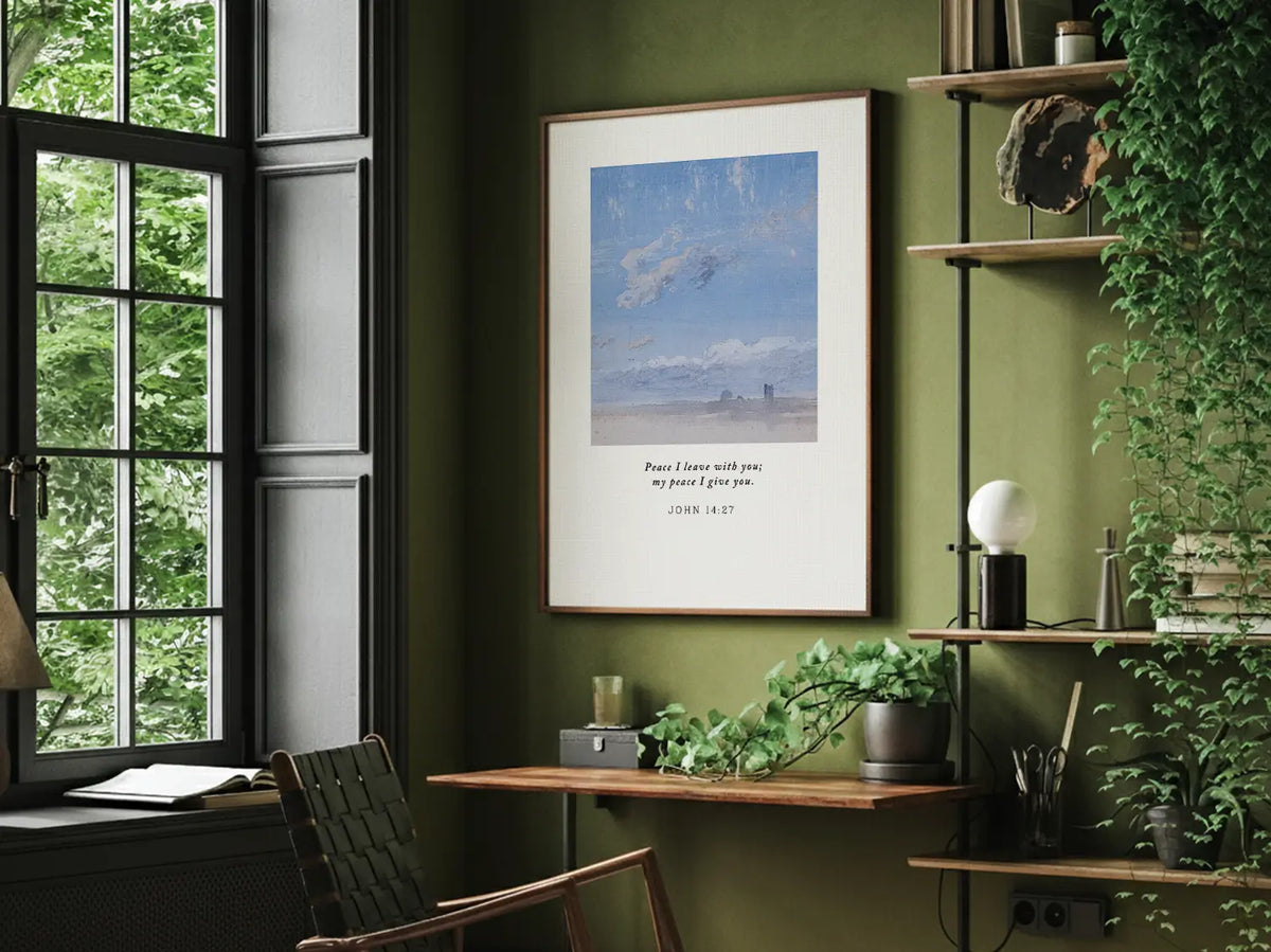 Invite the powerful gift of Christ's peace into your home with this inspiring Christian canvas wall art. This framed canvas print features a calming cloudscape painting paired with the comforting promise from John 14:27: "Peace I leave with you; my peace I give you."