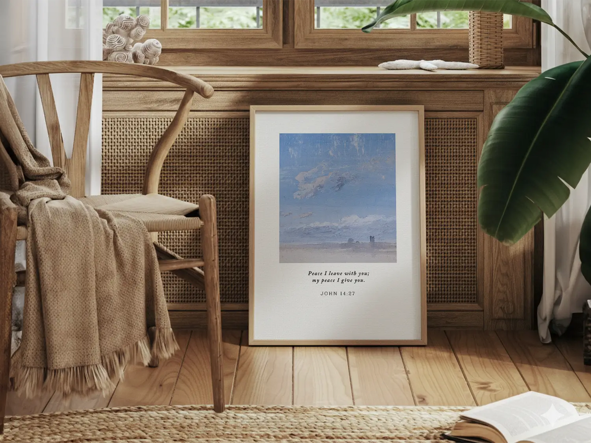 Invite the powerful gift of Christ's peace into your home with this inspiring Christian canvas wall art. This framed canvas print features a calming cloudscape painting paired with the comforting promise from John 14:27: "Peace I leave with you; my peace I give you."