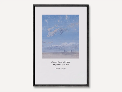 Invite the powerful gift of Christ's peace into your home with this inspiring Christian canvas wall art. This framed canvas print features a calming cloudscape painting paired with the comforting promise from John 14:27: "Peace I leave with you; my peace I give you."