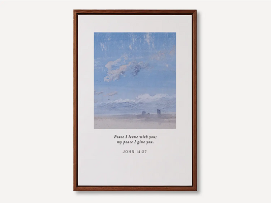 Invite the powerful gift of Christ's peace into your home with this inspiring Christian canvas wall art. This framed canvas print features a calming cloudscape painting paired with the comforting promise from John 14:27: "Peace I leave with you; my peace I give you."