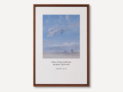 Invite the powerful gift of Christ's peace into your home with this inspiring Christian canvas wall art. This framed canvas print features a calming cloudscape painting paired with the comforting promise from John 14:27: "Peace I leave with you; my peace I give you."
