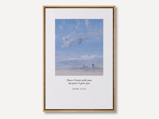Invite the powerful gift of Christ's peace into your home with this inspiring Christian canvas wall art. This framed canvas print features a calming cloudscape painting paired with the comforting promise from John 14:27: "Peace I leave with you; my peace I give you."