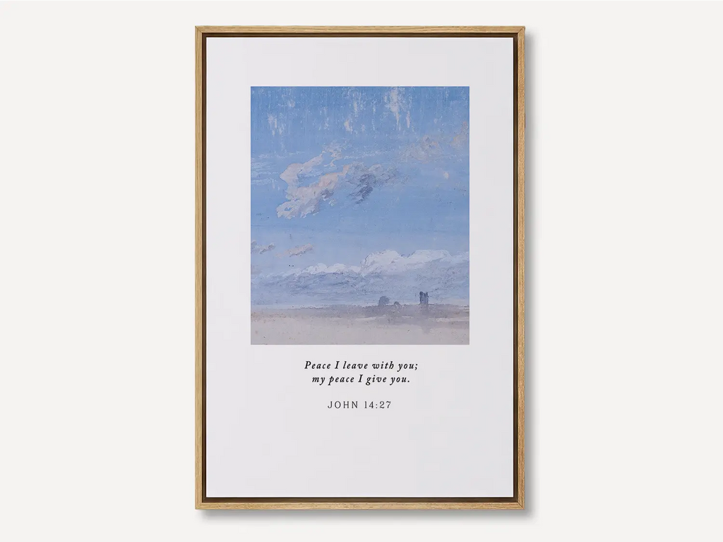 Perfect Peace Christian canvas wall art with John 14:27 scripture and serene sky landscape