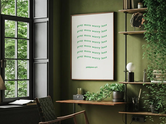 Find daily peace and encouragement with this inspiring Christian canvas wall art. This framed canvas print features a fun, repeating typographic design and the powerful instruction from Philippians 4:6 to Pray more worry less.