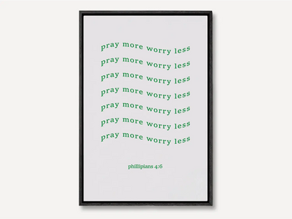 Find daily peace and encouragement with this inspiring Christian canvas wall art. This framed canvas print features a fun, repeating typographic design and the powerful instruction from Philippians 4:6 to Pray more worry less.