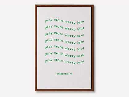 Find daily peace and encouragement with this inspiring Christian canvas wall art. This framed canvas print features a fun, repeating typographic design and the powerful instruction from Philippians 4:6 to Pray more worry less.