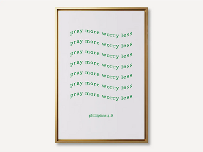 Find daily peace and encouragement with this inspiring Christian canvas wall art. This framed canvas print features a fun, repeating typographic design and the powerful instruction from Philippians 4:6 to Pray more worry less.