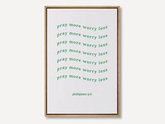 Find daily peace and encouragement with this inspiring Christian canvas wall art. This framed canvas print features a fun, repeating typographic design and the powerful instruction from Philippians 4:6 to Pray more worry less.