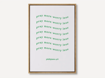 Find daily peace and encouragement with this inspiring Christian canvas wall art. This framed canvas print features a fun, repeating typographic design and the powerful instruction from Philippians 4:6 to Pray more worry less.