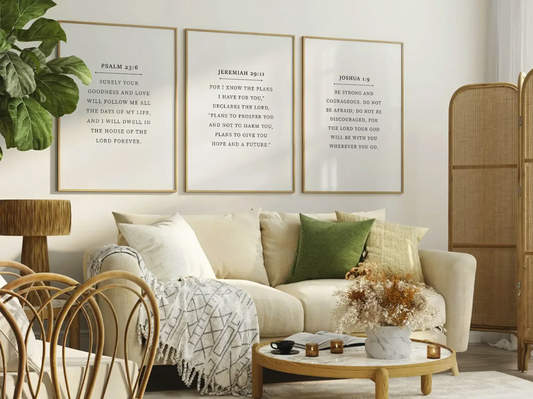 Anchor your home in faith with this inspiring Christian wall art set. This collection of three framed scripture prints features foundational promises from the Bible, offering daily reminders of God's goodness, plan, and ever-present help.