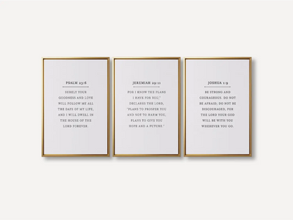 Anchor your home in faith with this inspiring Christian wall art set. This collection of three framed scripture prints features foundational promises from the Bible, offering daily reminders of God's goodness, plan, and ever-present help.