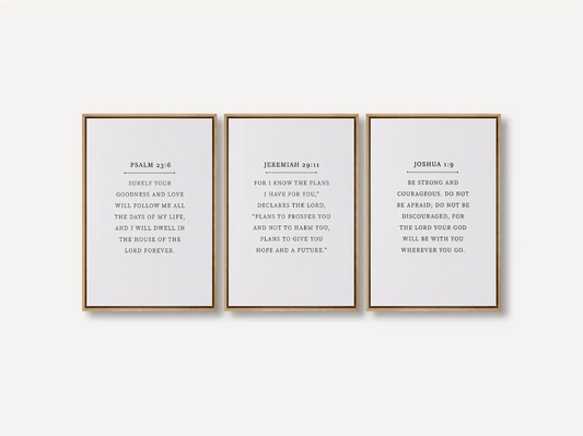 Anchor your home in faith with this inspiring Christian wall art set. This collection of three framed scripture prints features foundational promises from the Bible, offering daily reminders of God's goodness, plan, and ever-present help.