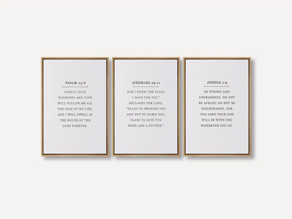 Anchor your home in faith with this inspiring Christian wall art set. This collection of three framed scripture prints features foundational promises from the Bible, offering daily reminders of God's goodness, plan, and ever-present help.